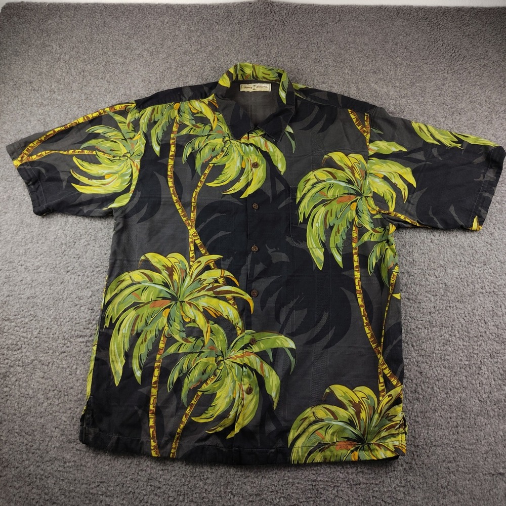 Tommy Bahama Shirt Mens Large Silk Tropical Palm Tree Green SS Camp Loop Collar
